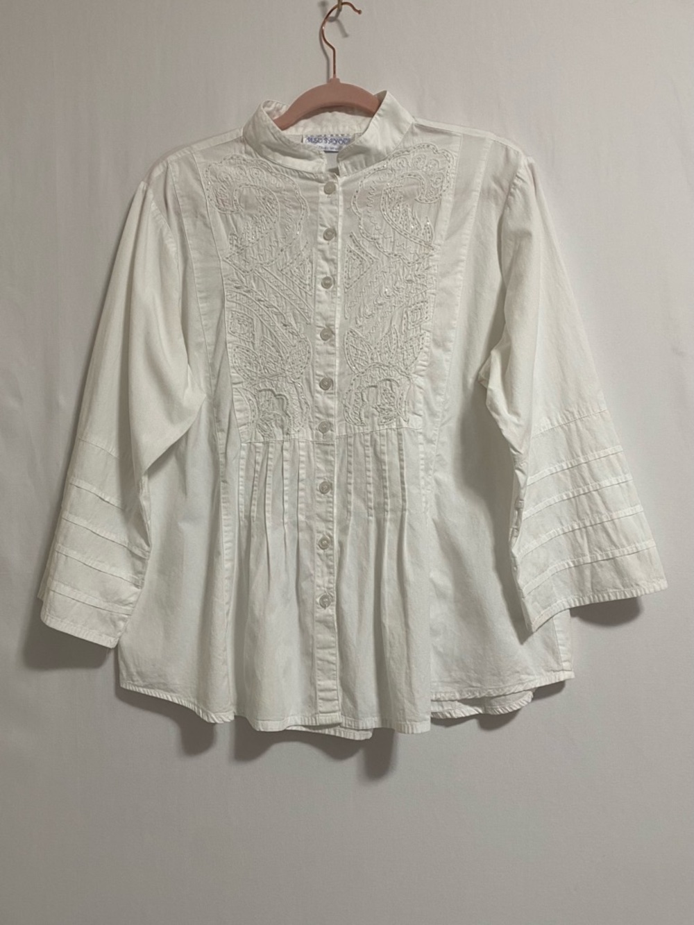 White Embroidered Button-Front Women's Blouse with Pintuck Detail